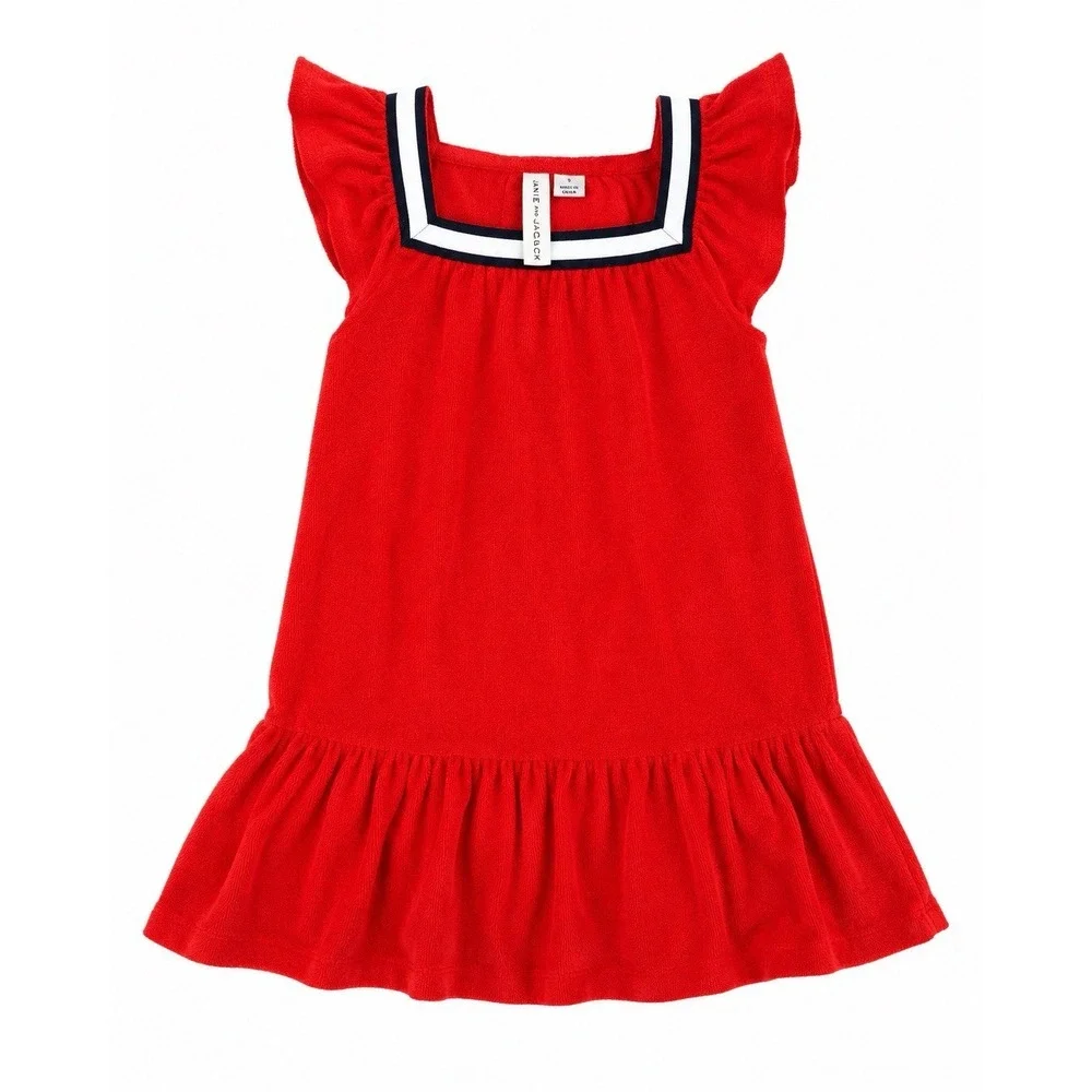 Janie and Jack Girls Dress Size 5 Red Terry Cloth Drop Waist Ruffle Swim Coverup